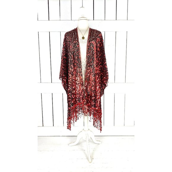 Red black sequin fringe tassel kimono cardigan cover up jacket - Picture 1 of 5